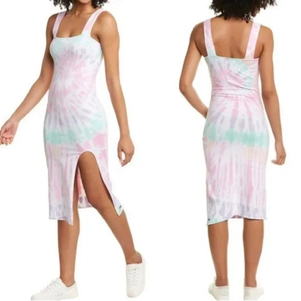 N:philanthropy Tie Dye Square Neck Fitted Midi Jersey High Slit Dress size L